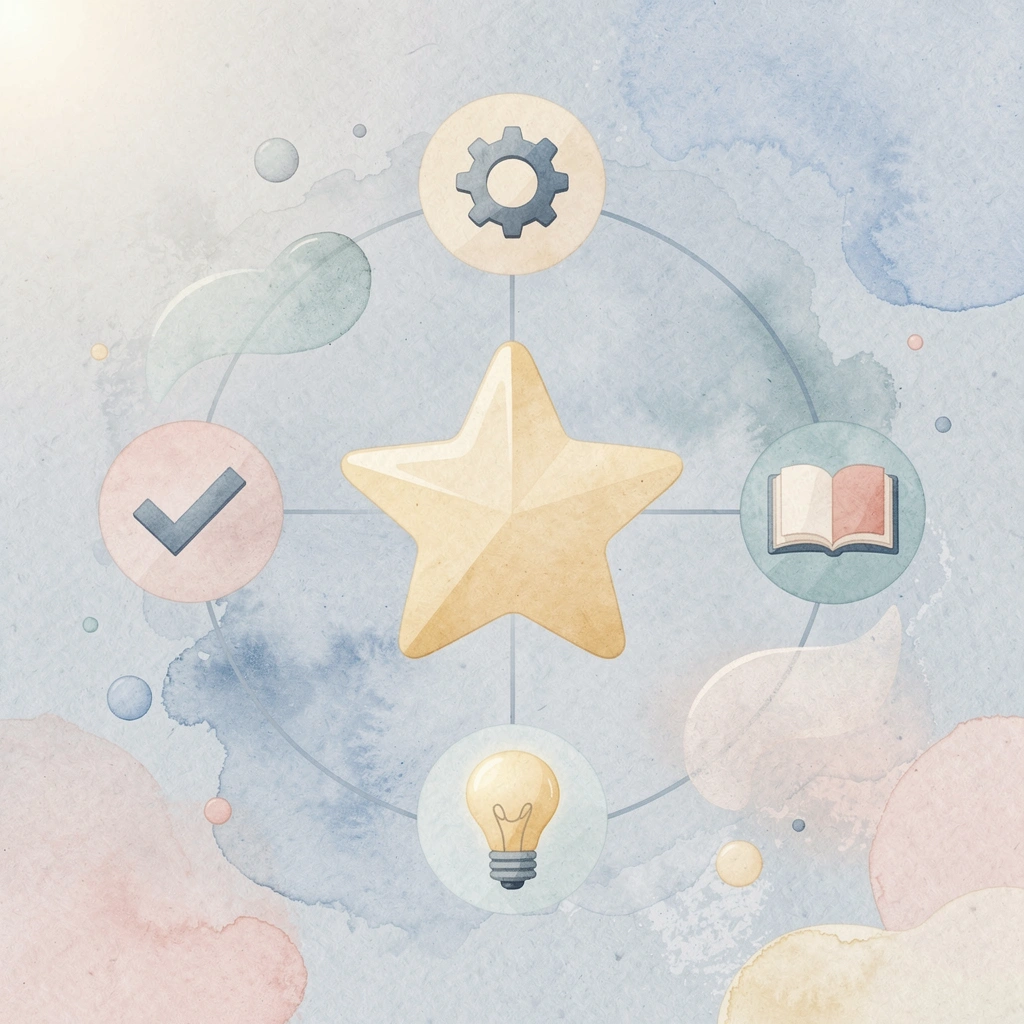 Central graduation cap icon surrounded by heart, lightbulb, house, and speech bubble icons representing factors in preschool selection