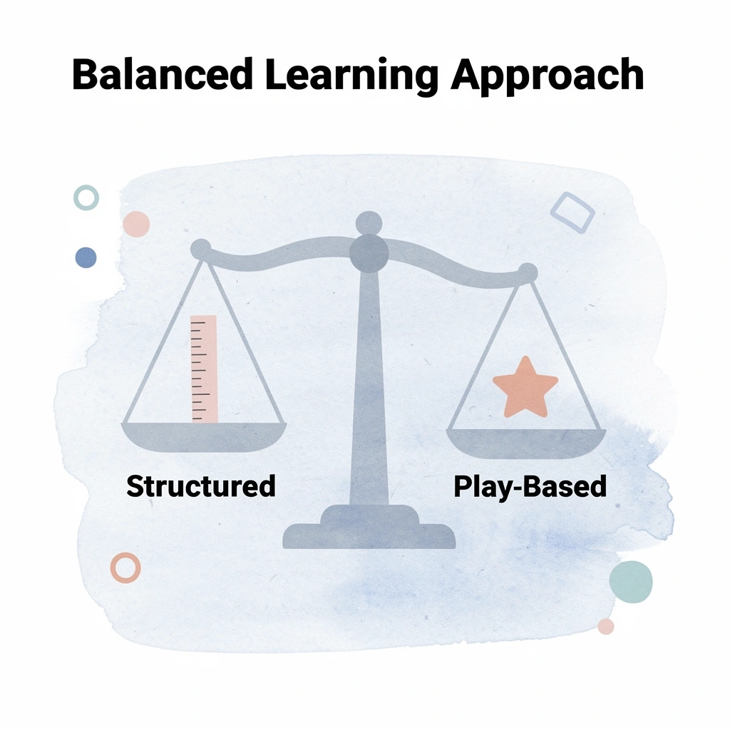 Balance scale showing structured learning versus play-based learning