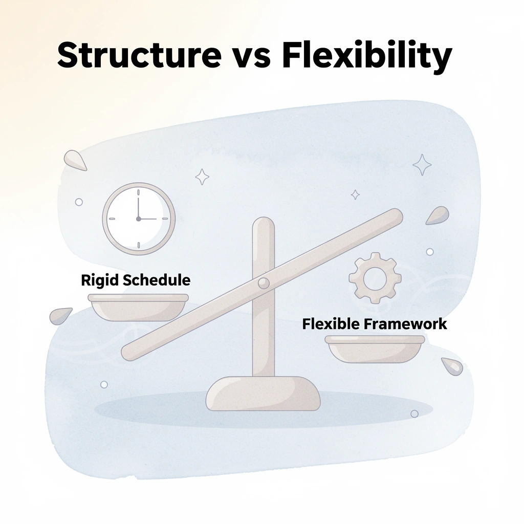 Balance scale comparing rigid schedules versus flexible frameworks