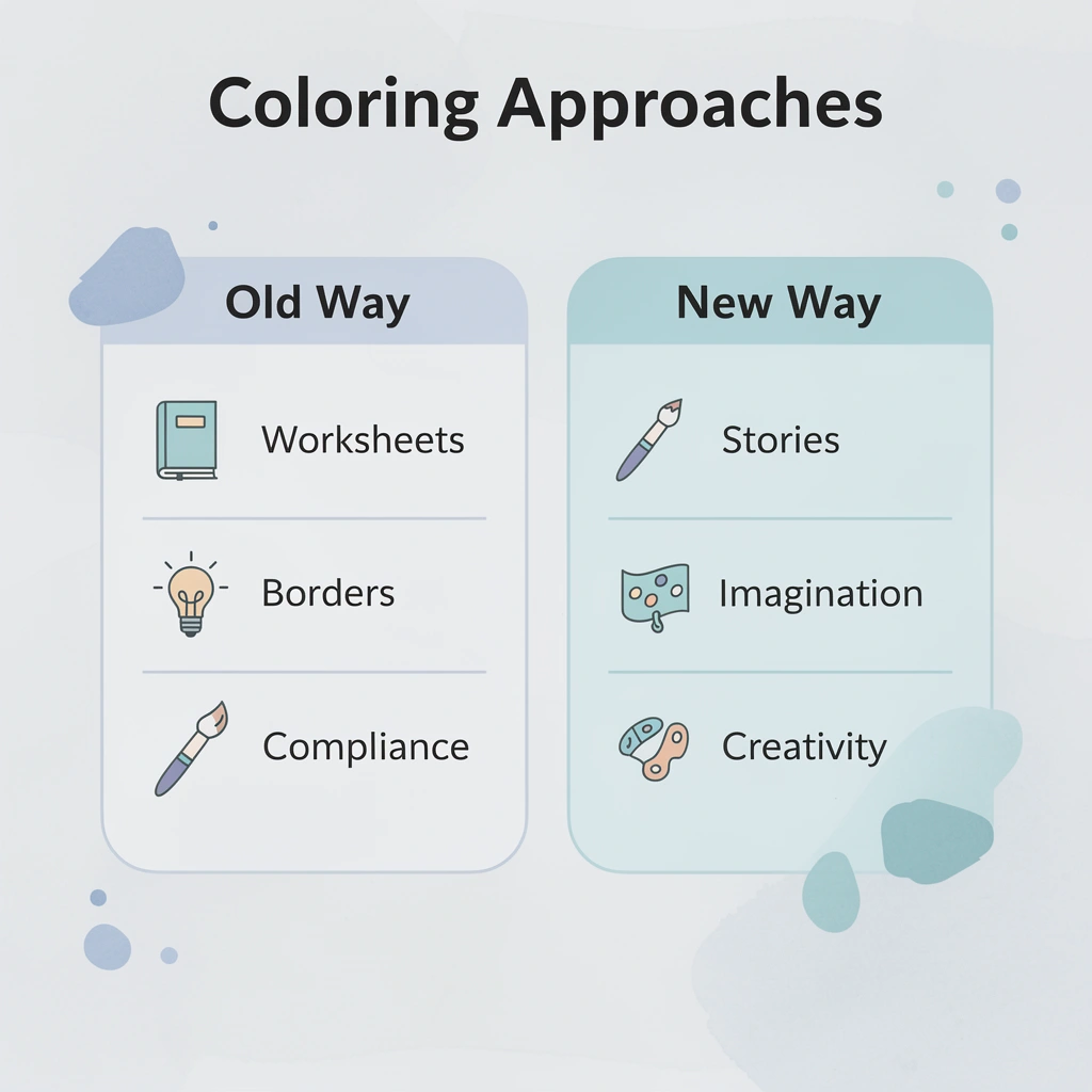 Comparison chart showing old vs new approaches to coloring activities