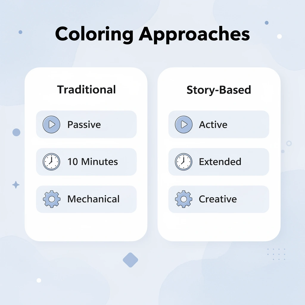 Comparison chart showing traditional versus story-based coloring approaches