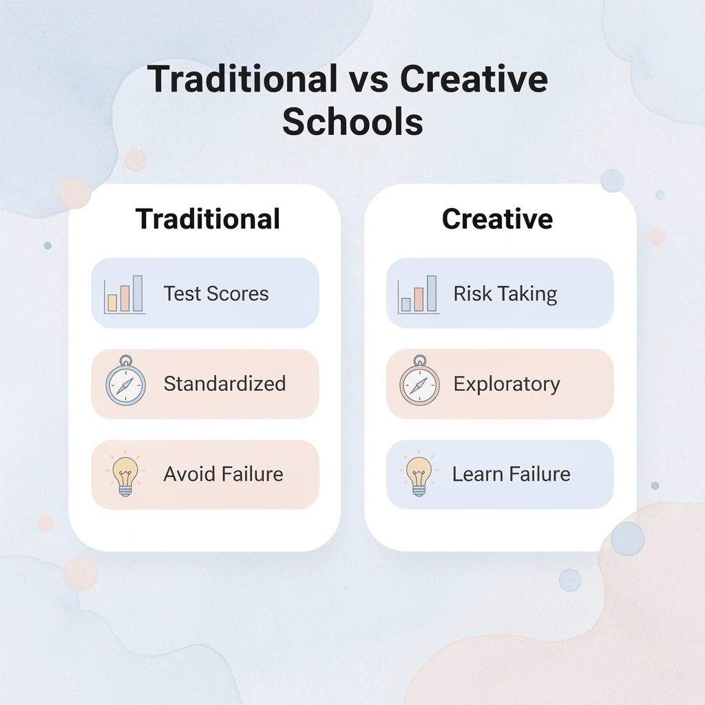 Comparison chart showing differences between traditional and creative school approaches