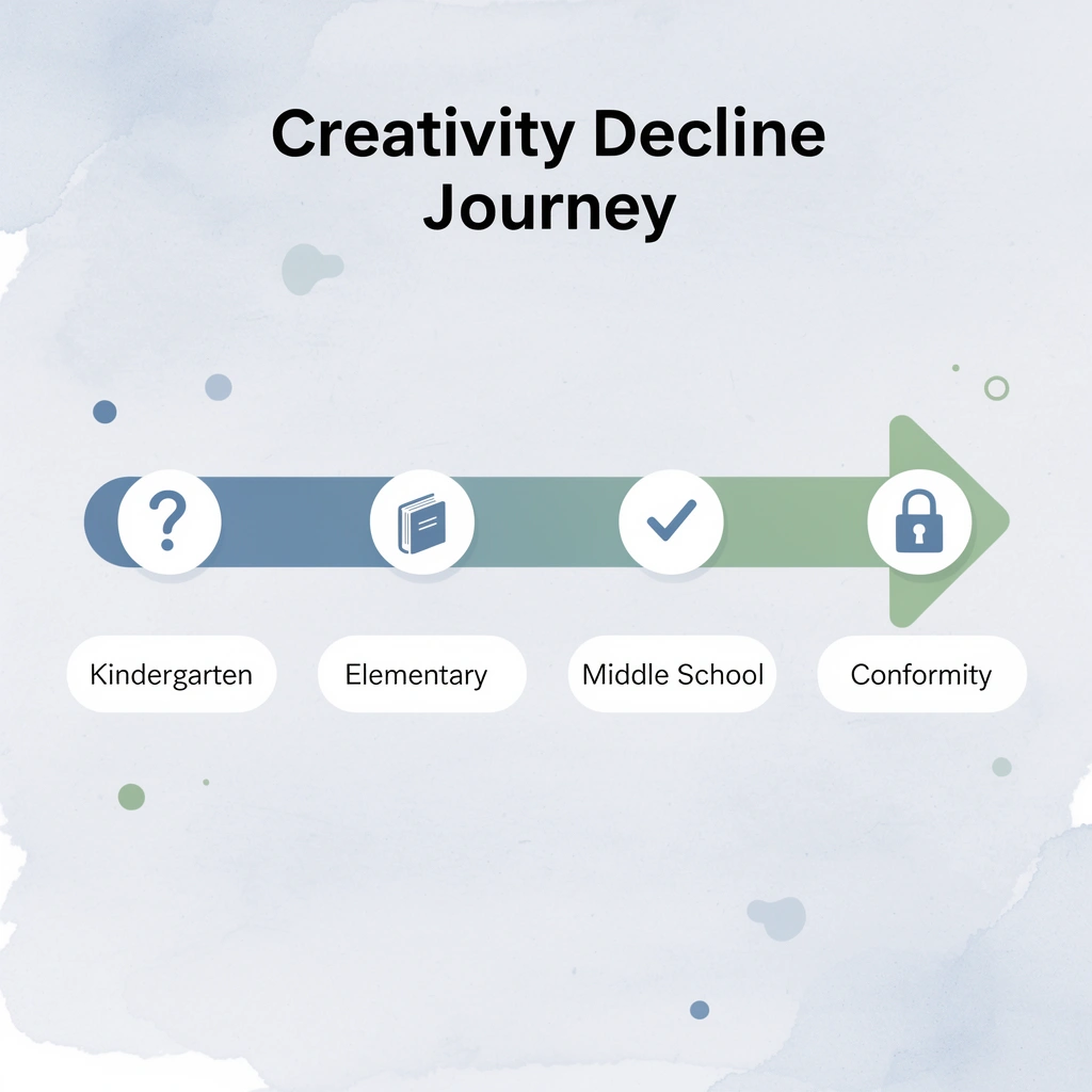 Timeline showing progression from curious kindergarten student to conforming middle schooler