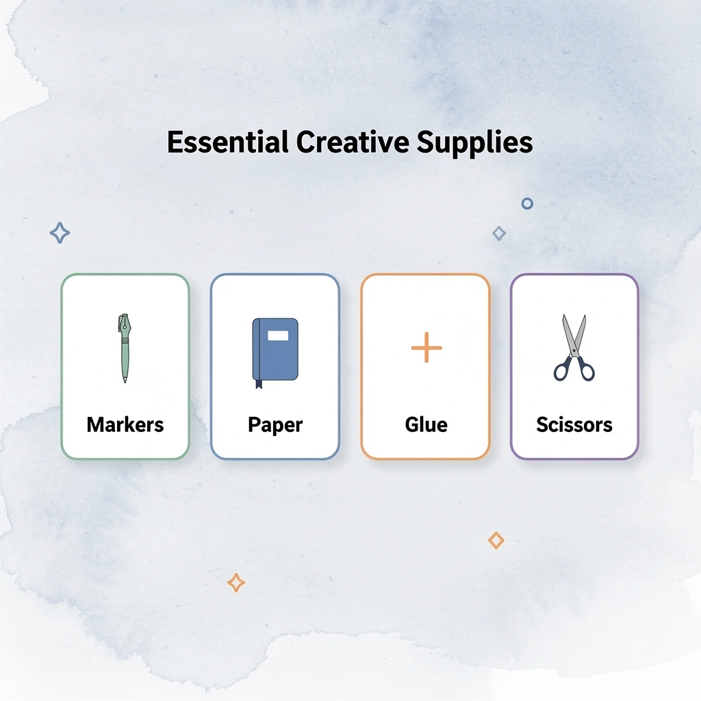 Infographic showing four essential creative supplies for kids
