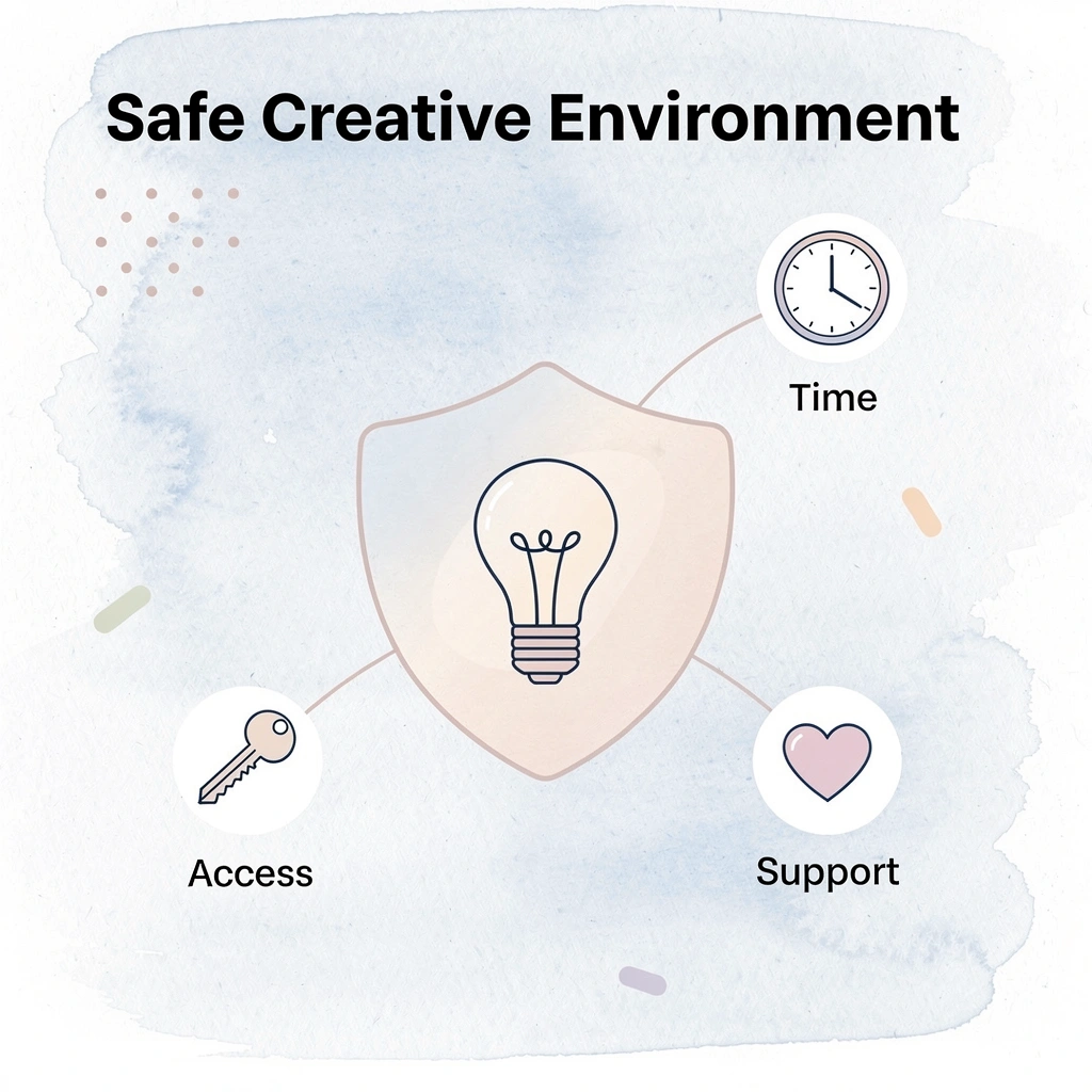 Shield diagram showing elements of a safe creative environment