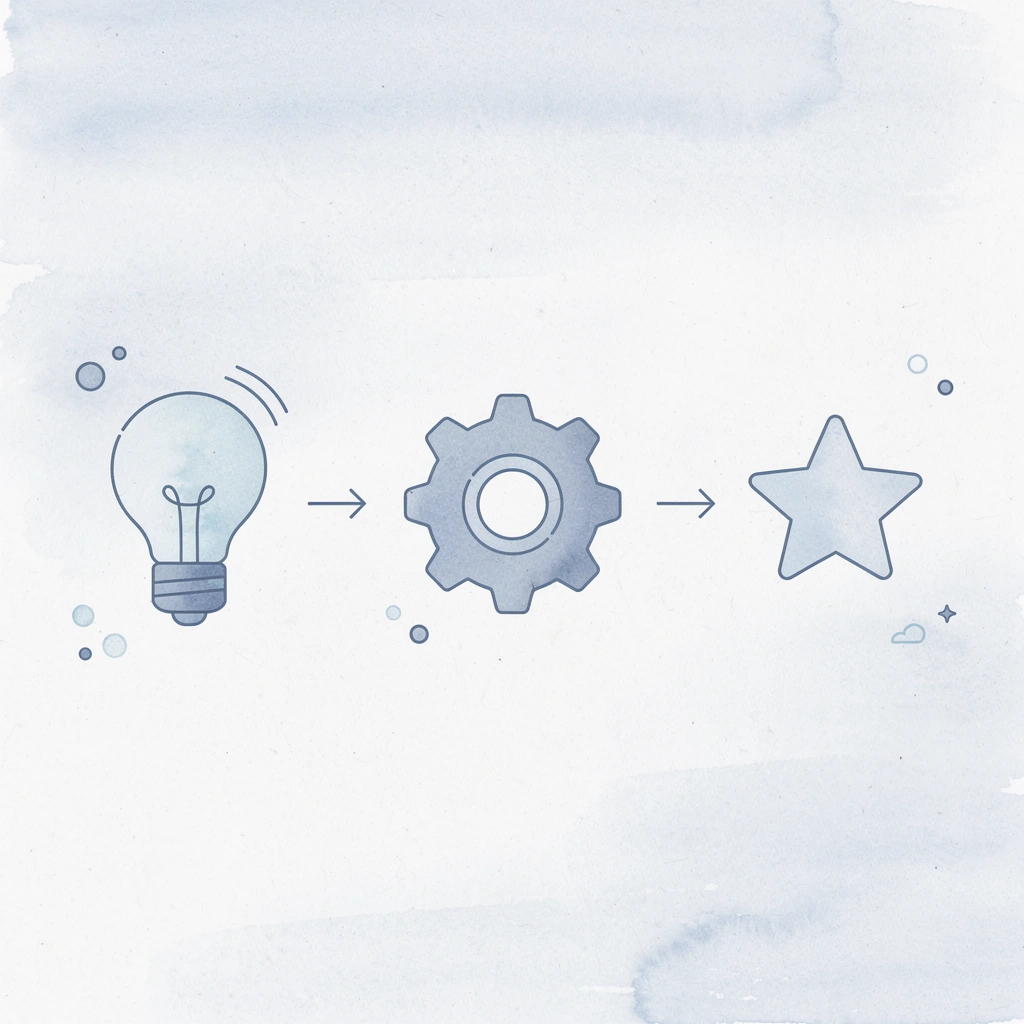Three icons showing progression from blocks to worksheet to storytelling