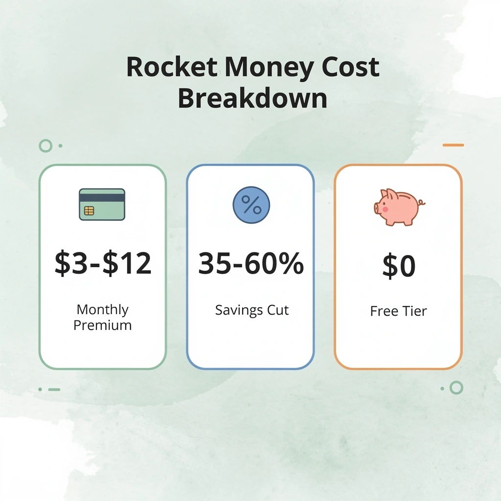 Infographic showing Rocket Money pricing stats including monthly cost and savings cut percentage