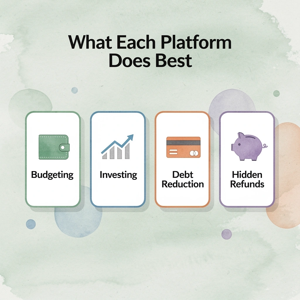 Infographic showing four financial platform focus areas: budgeting, investing, debt reduction, and hidden refunds