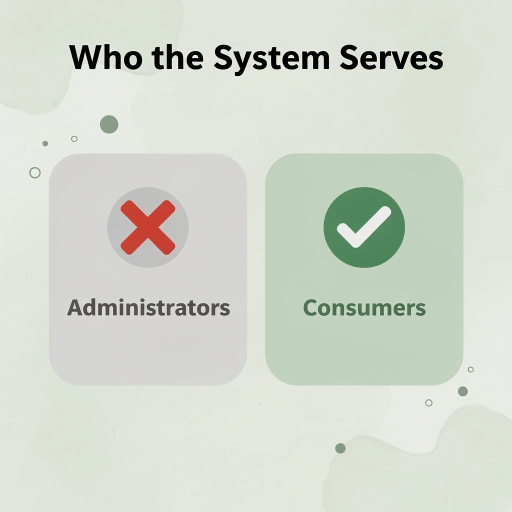 Before and after infographic showing shift from administrator-centered to consumer-centered design