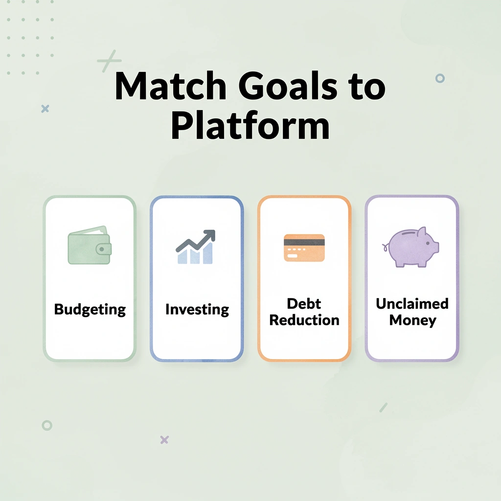 Infographic showing four financial platform categories: budgeting, investing, debt reduction, and unclaimed money