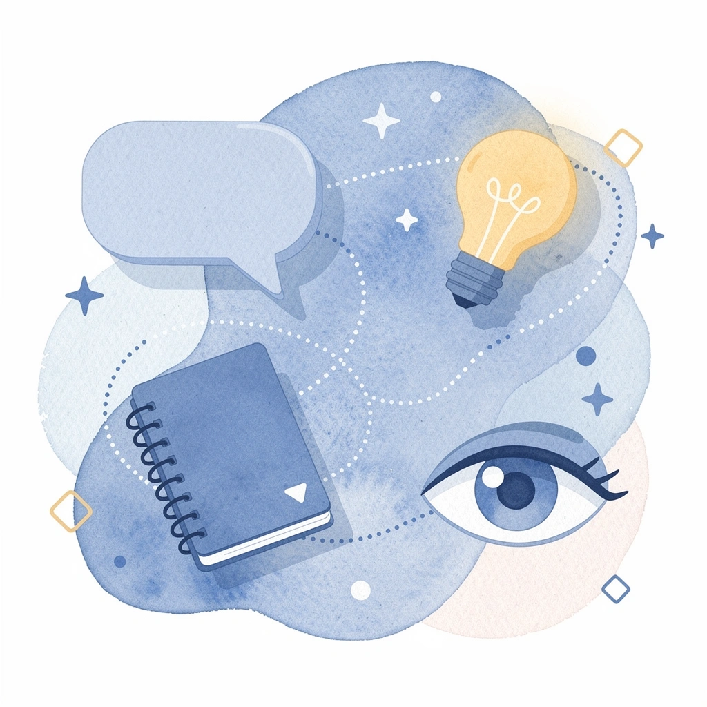 Scene illustration of creative hobby tools floating around a central creative theme