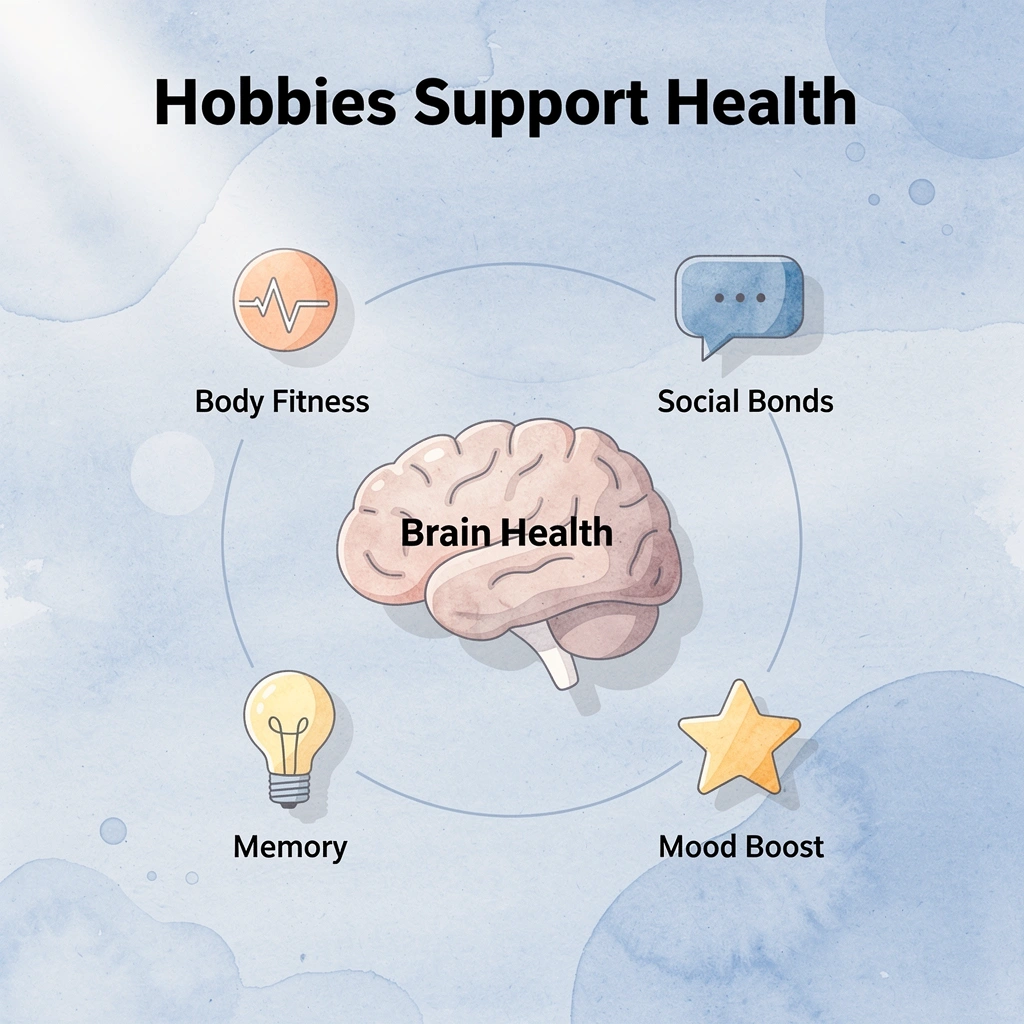 Hub and spoke infographic showing creative hobbies at the center connected to five health benefits
