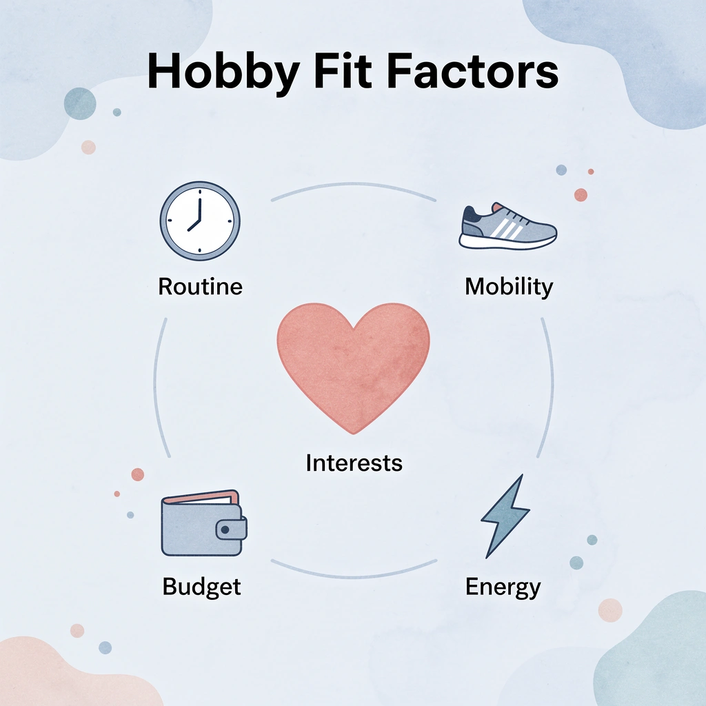 Hub and spoke infographic showing five factors for finding the right creative hobby