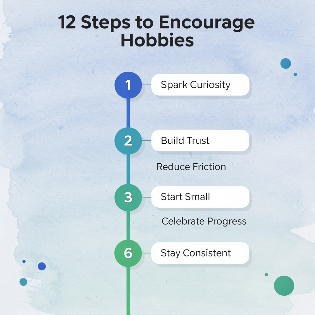 Numbered steps infographic showing key stages to encourage senior hobbies