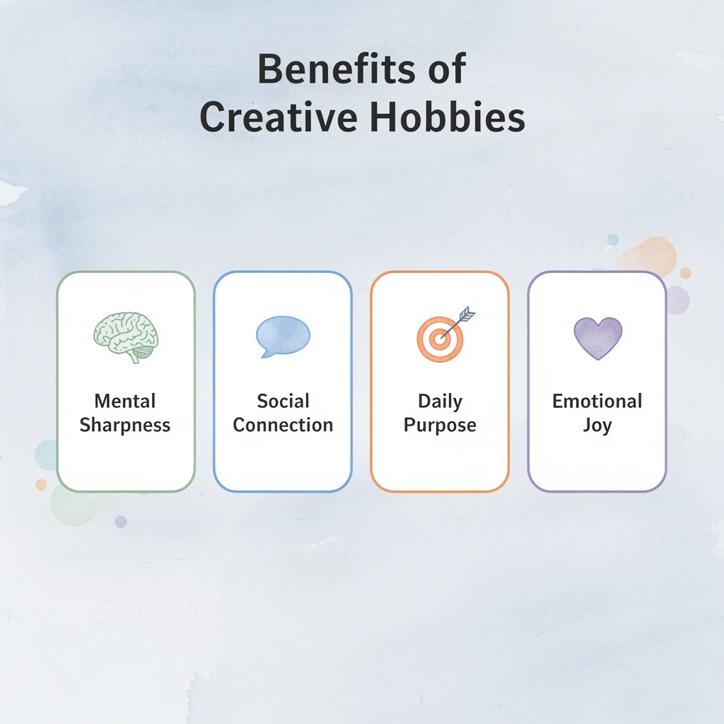 Infographic showing four key benefits of creative hobbies for seniors