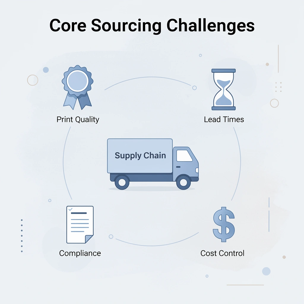 Hub and spoke infographic showing core promotional product sourcing challenges