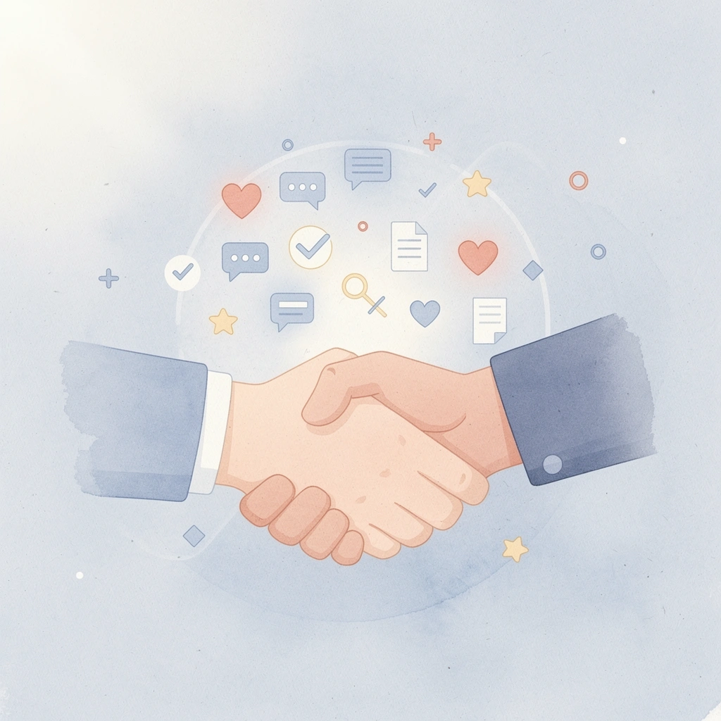 Scene illustration of a handshake representing choosing the right promotional product supplier