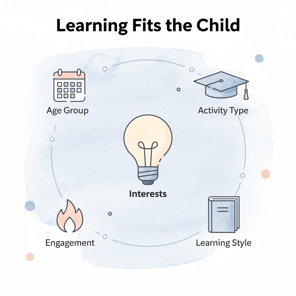 Hub and spoke infographic showing child at center surrounded by key learning match factors