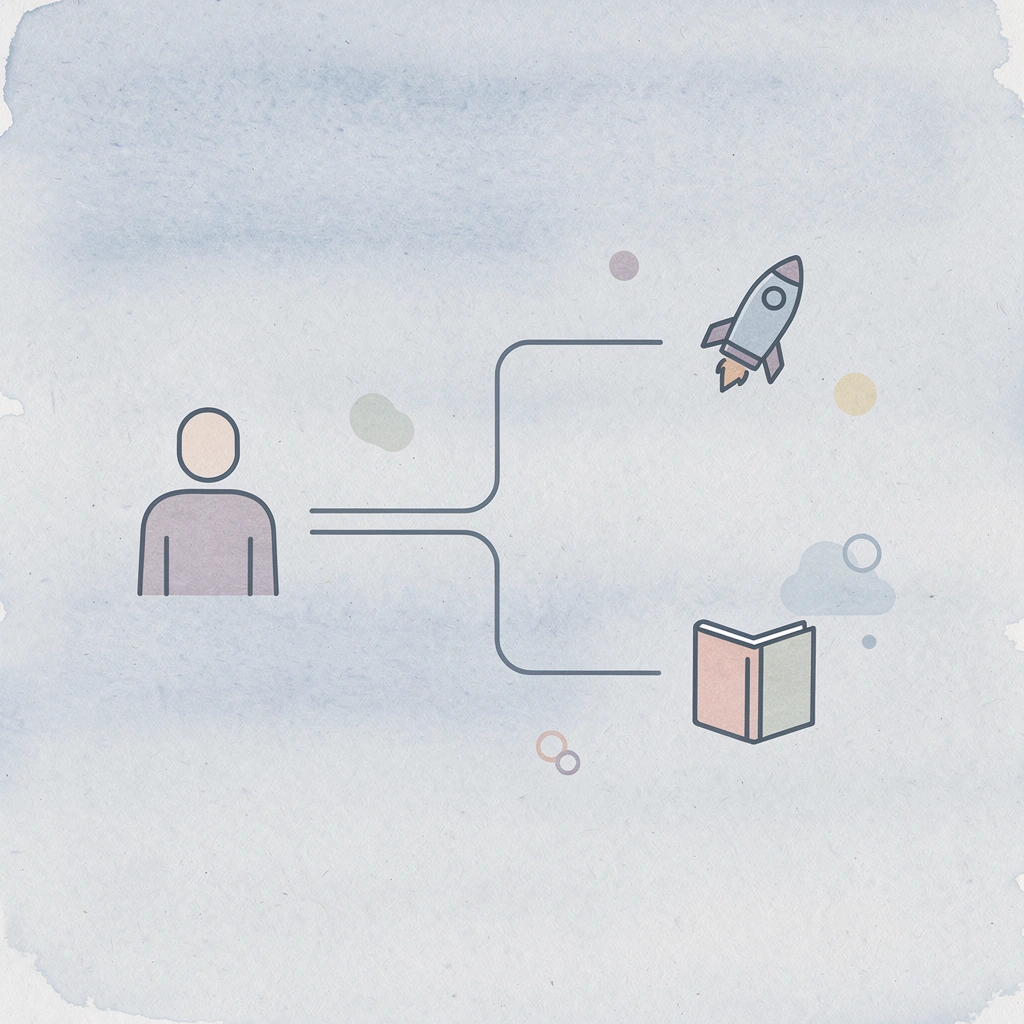 Icon showing a child's path splitting between play and structured busyness