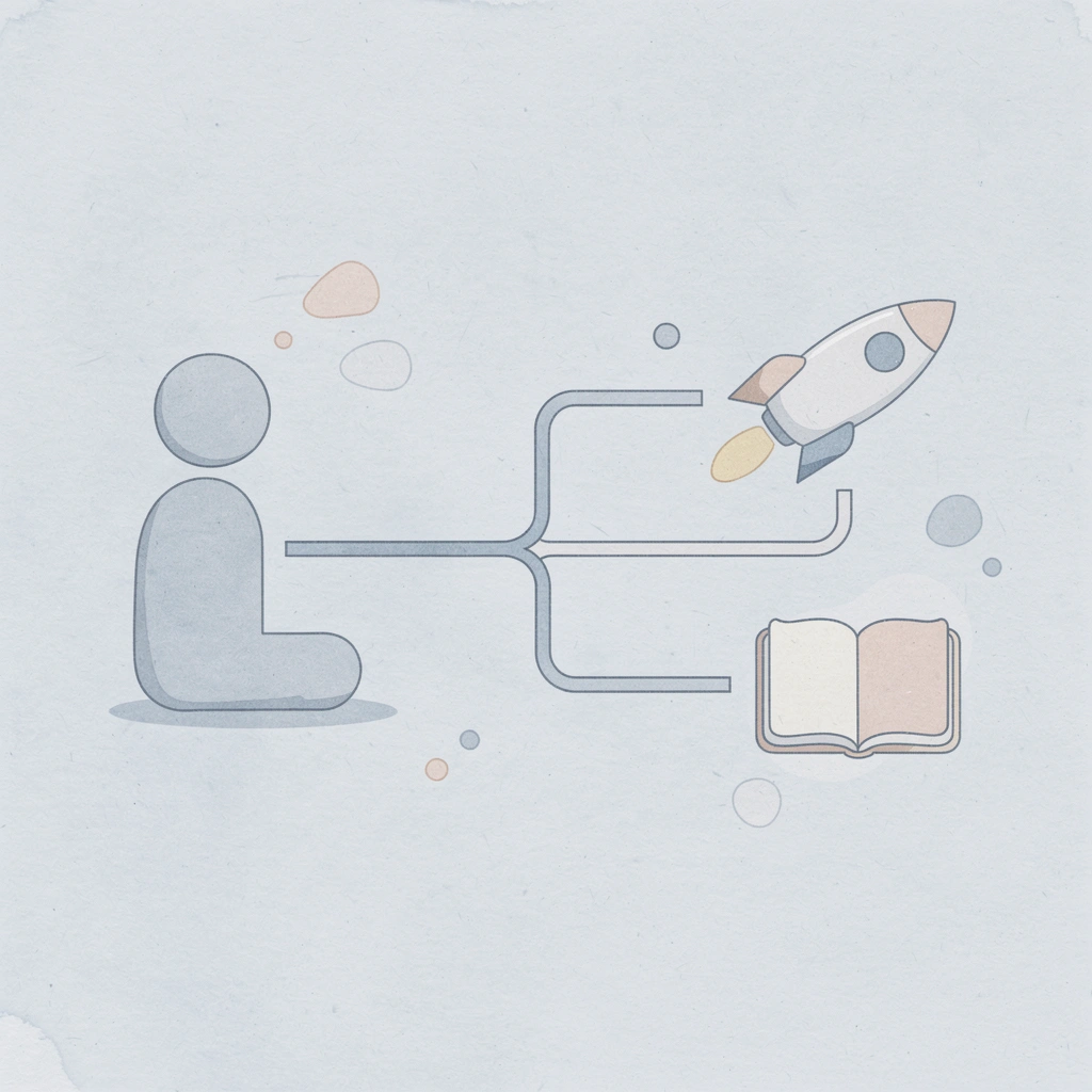 Icon showing AI splitting into two paths: thinking partner versus thinking replacement