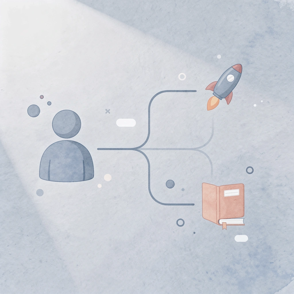 Icon splitting into two paths showing facts versus thinking development