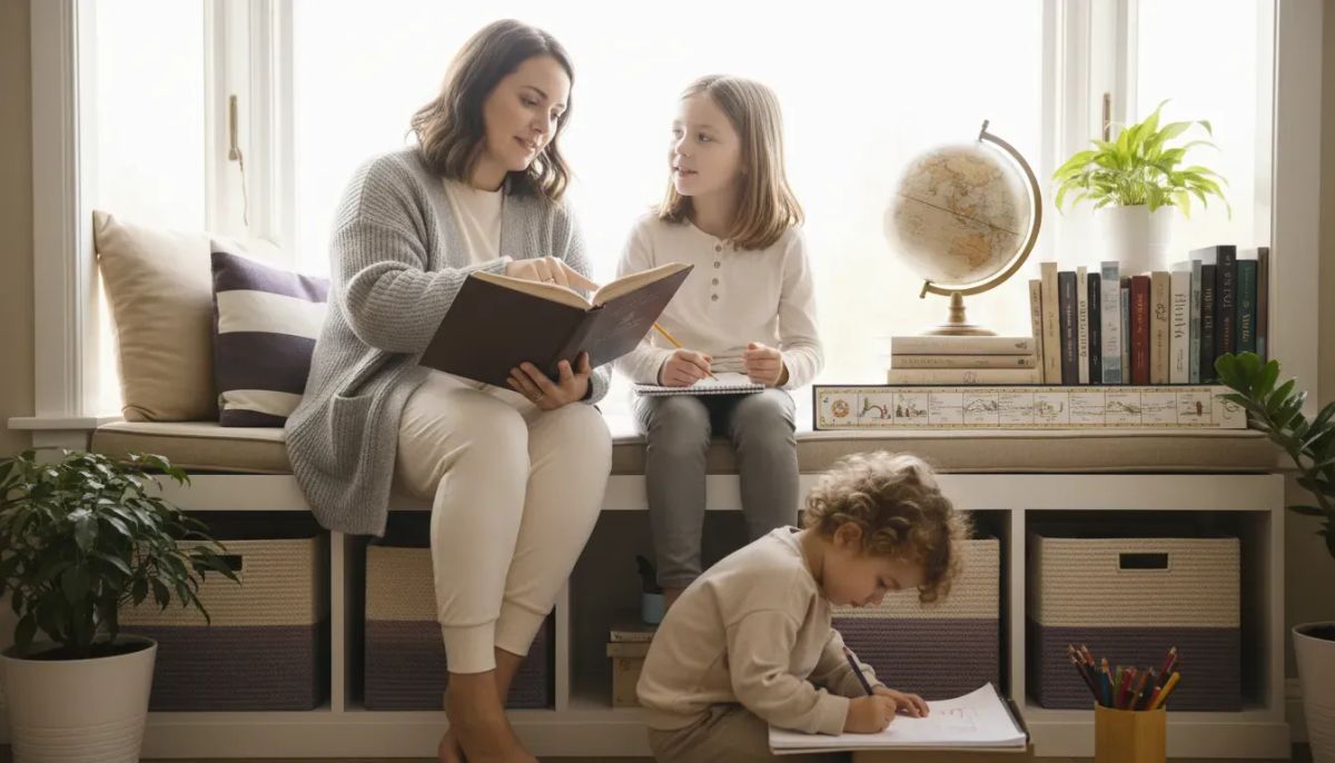 woman helping both child - Accredited Homeschool Curriculum