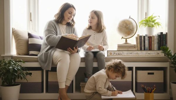 woman helping both child - Accredited Homeschool Curriculum