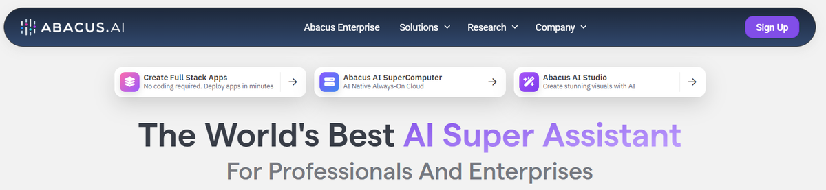 home page of abacus.ai showing the main menu and three core features