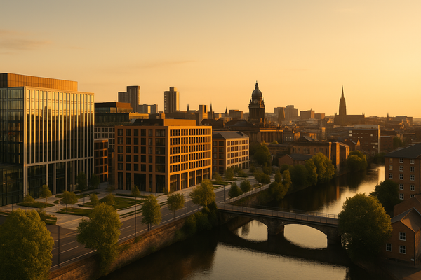 Wellington Place office quarter at sunset, with the Leeds skyline behind