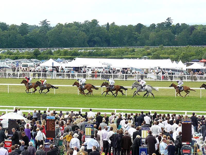 Thoroughbred horse race in progress at Royal Ascot, with a large crowd and white tents during the British social season.