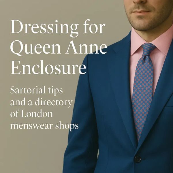 Man in a blue suit, pink shirt, and patterned tie, with text overlayDressing for Queen Anne Enclosure—Sartorial tips and a directory of London menswear shops.