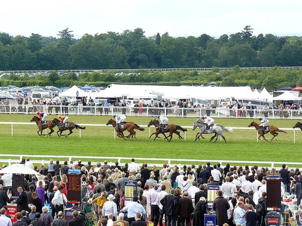 Thoroughbred horse race in progress at Royal Ascot, with a large crowd and white tents during the British social season.