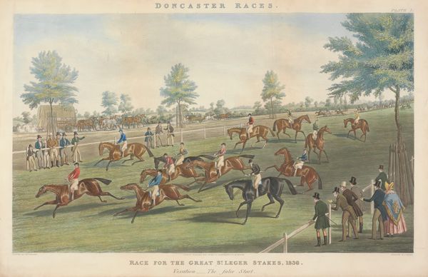 Historical print of the 1838 St Leger Stakes at Doncaster Racecourse showing horses and jockeys racing on the Town Moor with Victorian spectators watching from the rails
