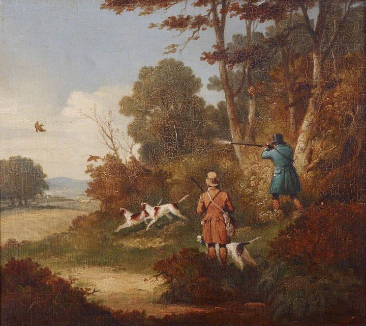 Woodcock Shooting: Two Men with three Dogs