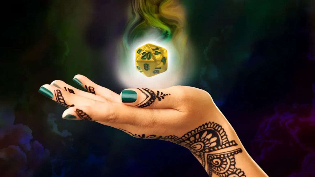 Hand adorned with Indian symbols under a floating d20 dice.