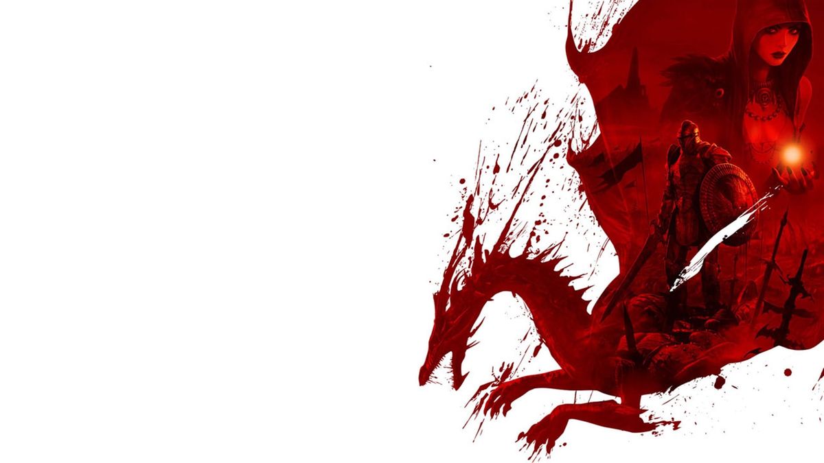 image that depicts a red dragon over a white background that serves as a logo for the Dragon Age game by bioware.