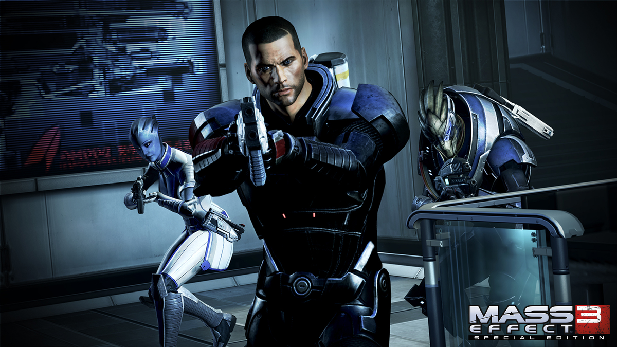 The picture depicts Commander Shepard, Liara and Garrus in the middle of a fight.