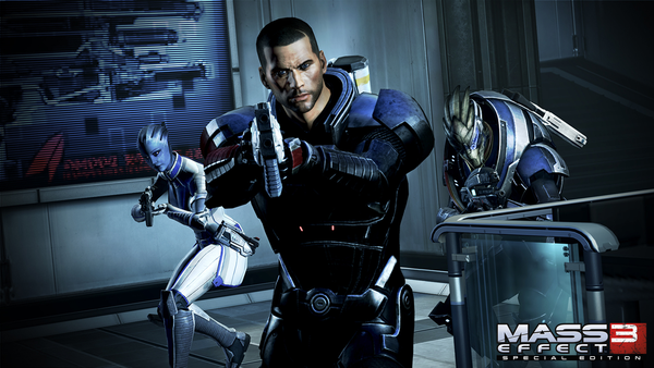The picture depicts Commander Shepard, Liara and Garrus in the middle of a fight.