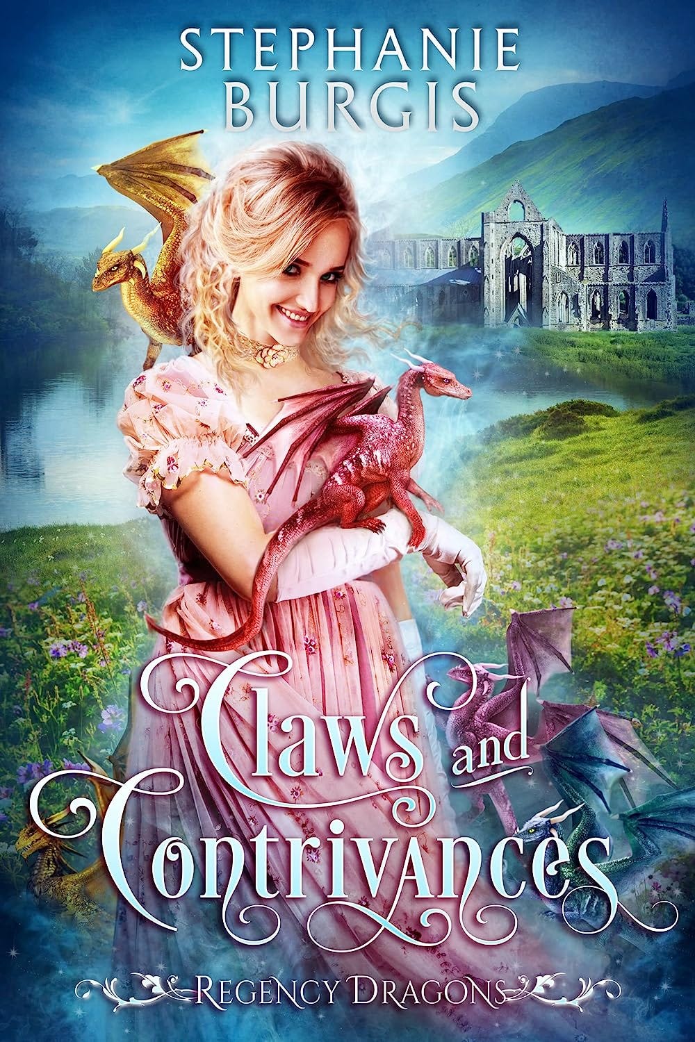 A crumbling gothic mansion, set in a flowery meadow by a lake is the background; the foreground is a young white woman in a pink Regency-style gown and gloves. On her shoulder is a gold dragon, and a pink dragon is sitting on her crooked arm.