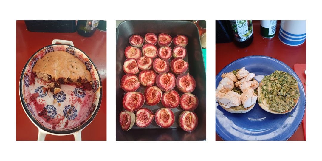 Fruit sponge; sanguine peaches split for stewing; traybake yoghurt chicken on a bagel with homemade pesto I nearly forgot I still had.