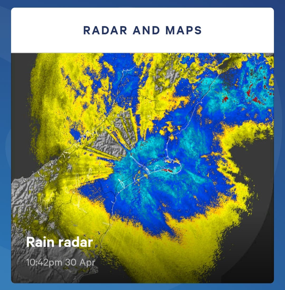A rain radar image that shows heavy rain over the east coast of the South Island, centred around Christchurch and Banks Peninsula. 