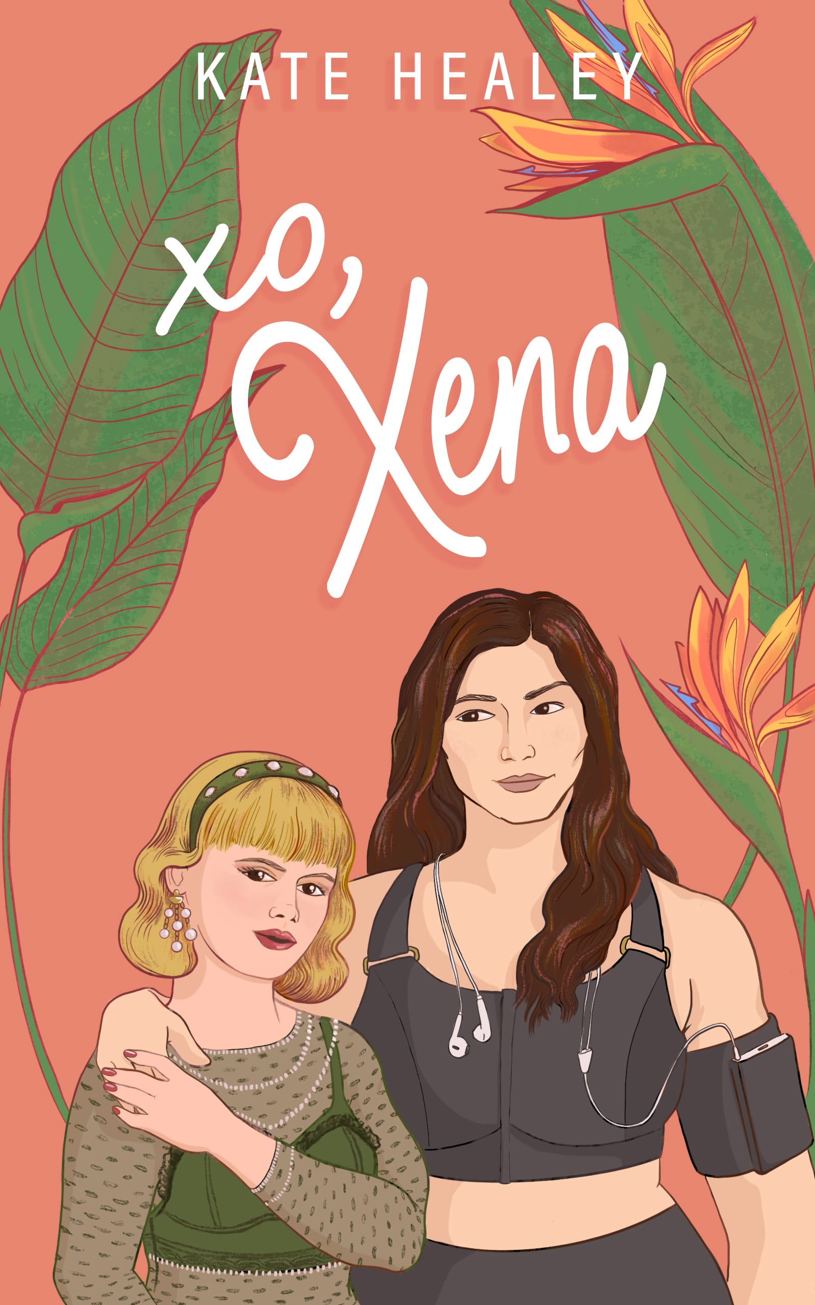 Two illustrated women, facing the viewer. One, a tall, muscular brunette in a black sports bra and leggings, has her arm over the shoulder of the other, a short blonde who is wearing a green bustier top over a mesh underlayer and elaborate makeup. The blonde has placed her hand over the brunette's. They're very cute.