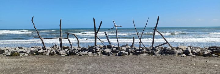 Upright driftwood spelling out HOKITIKA, with the ocean in the background.