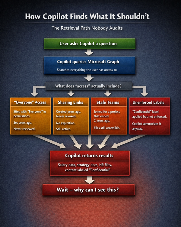 Flowchart showing how Copilot retrieves content through four ungoverned access paths