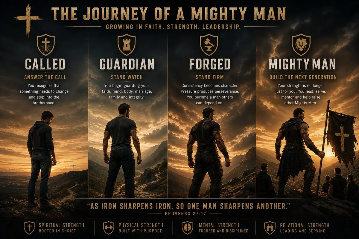 The four stages of the journey — Called, Guardian, Forged and Mighty Man — each a man on a mountain ridge at sunset, above the words of Proverbs 27:17.