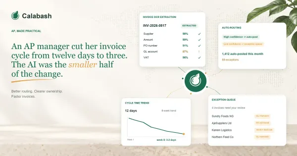 Editorial illustration of a Calabash gourd radiating invoice, approval, and confidence-score cards on cream