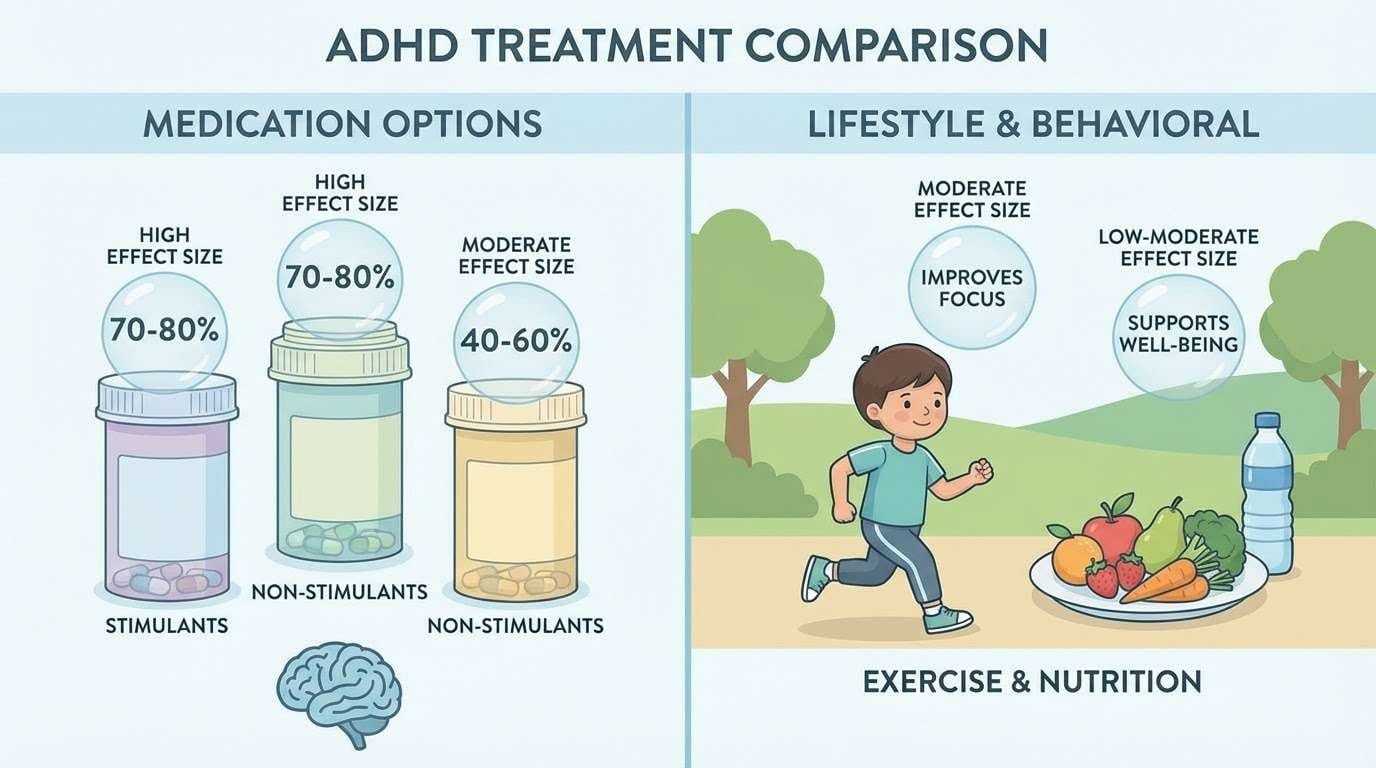A graphic depicting the Effect Size differences between medications v. lifestyle changes in children with ADHD.