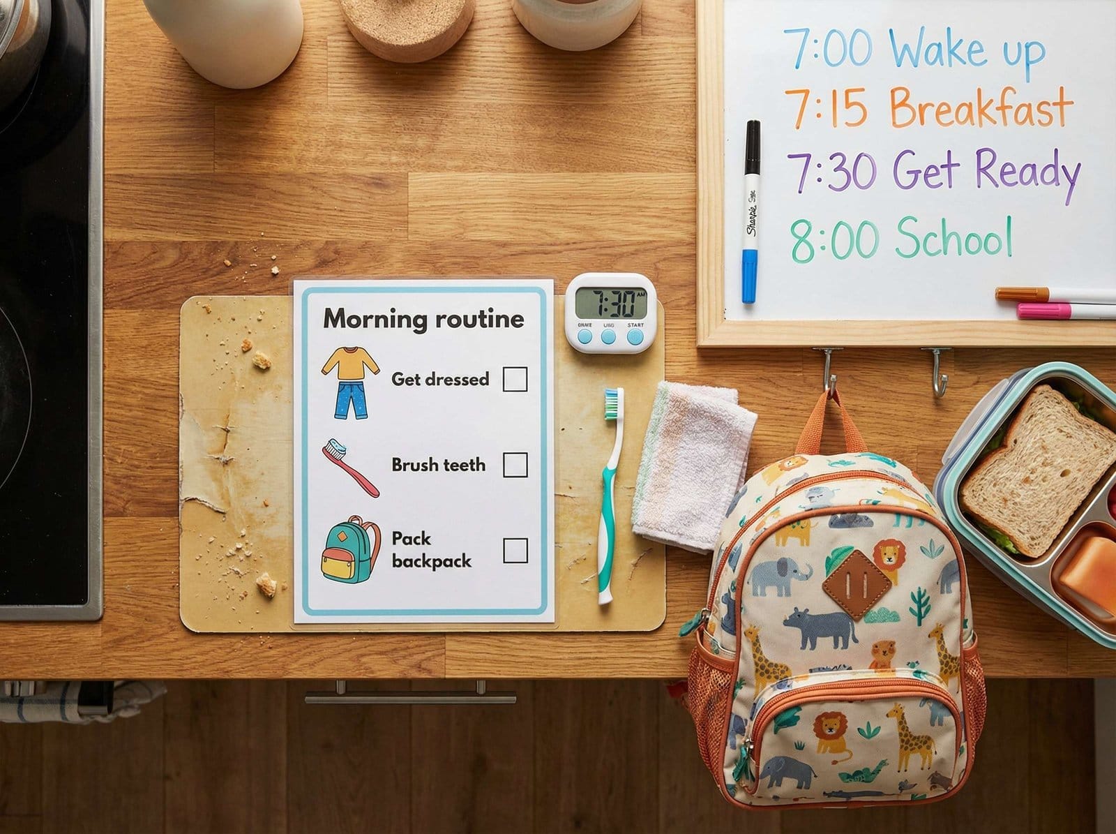 A morning routine chart with tasks and schedule designed for a child with struggling ADHD.