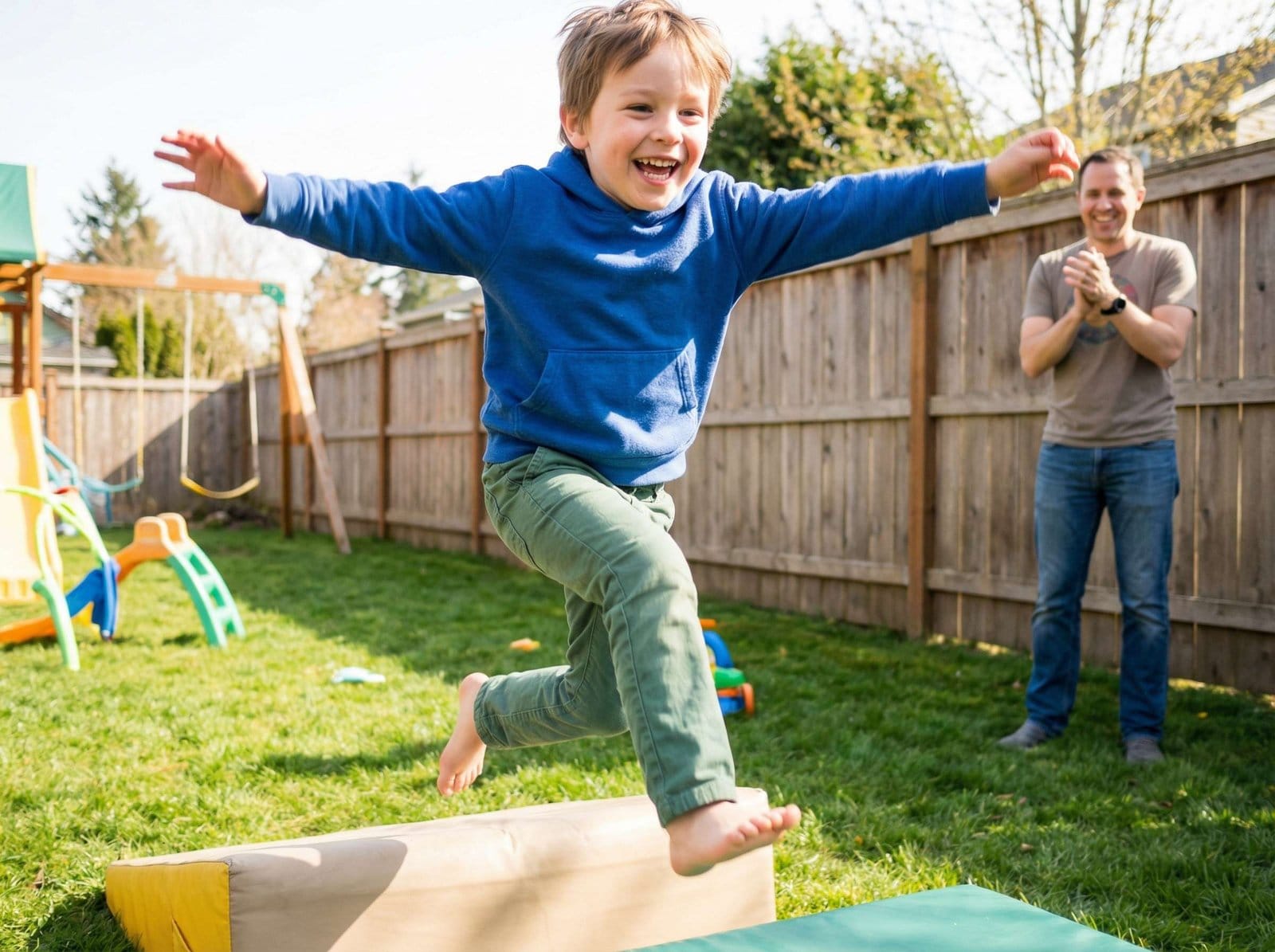 A joyful young boy with ADHD jumping and playing in the backyard with his father nearby.
